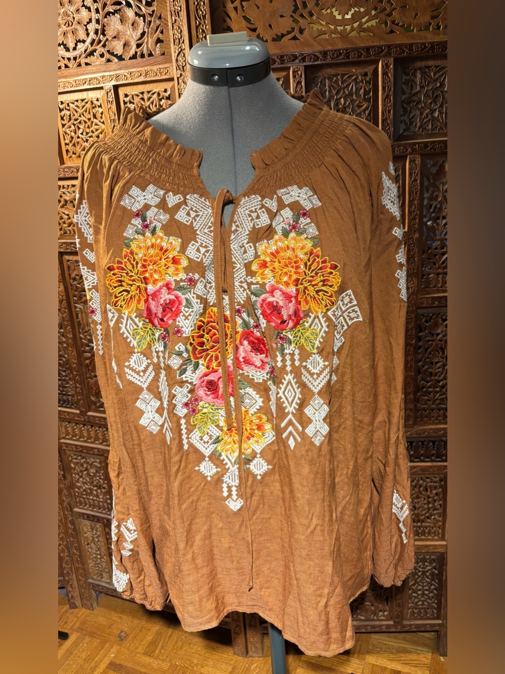 Savanna Jane Brown Embroidered Floral Tie-Neck Tunic